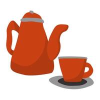 Cup and teapot in doodle style, set of utensils for tea drinking vector