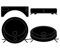Set of silhouettes of a robot vacuum cleaner from different angles, icons of home appliances vector