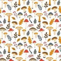 autumn seamless pattern with mushrooms, leaves and berries. illustration in doodle style, flat style vector