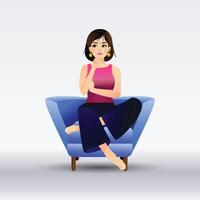 An Indian Girl sitting on the couch, thinking pose Character Design and a Background vector