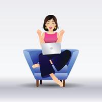An Indian girl sitting on the couch with a laptop Character Design and a Background vector
