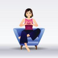An Indian Girl showing a heart pose and sitting on the couch Character Design and a Background vector