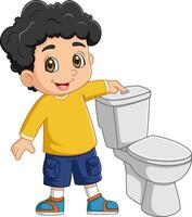 Cartoon little boy pushing flush button in toilet vector
