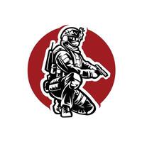 Special Ops Unit Operator Soldier Kneeling While Holding a Gun Design Illustration Isolated vector