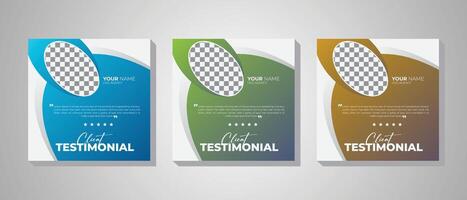 Creative, corporate, modern Customer service review template, Three gradient colorful variation modern client testimonial square banner template design. vector