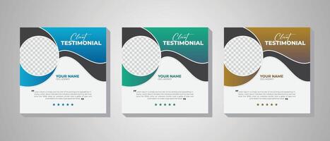 Customer service feedback or client review design layout, 3 gradient color bundle modern client testimonial square banner design vector