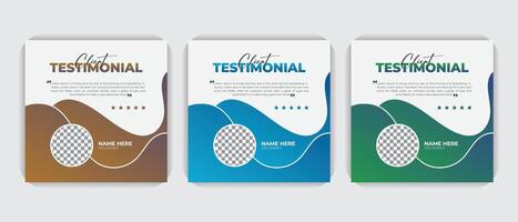 Creative client testimonial colorful bundle set, square web banner design. Simple abstract customer feedback testimonial social media post template vector