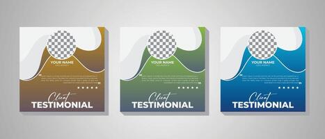 Three gradient colorful variation modern client testimonial square banner template design. Creative, corporate, modern Customer service review template vector