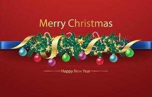 Trendy Christmas banner with blue ribbon with fir branches and christmas decorations. Easy design element. With space for your text. vector