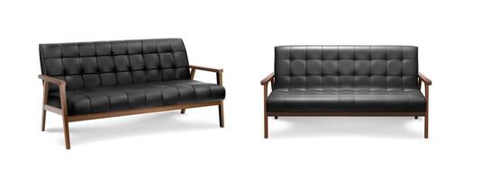 3d realistic icon illustration. Black leather sofa in side and front view. isolated on white bakground. vector