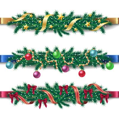 Collection of Christmas borders with fir branches, different accessories, ribbons, shiny balls and stars. isolated illustration.