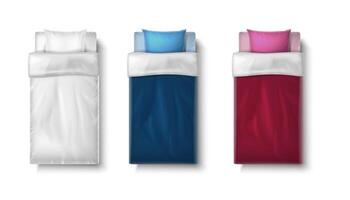 3d realistic icon set. Single bed frame with matress and duvet in white , red, blue color. vector