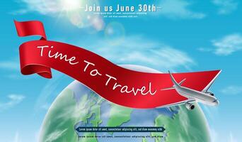 Time to travel banner with green globe and flying plane around and red ribbon. Horizontal orientation. vector
