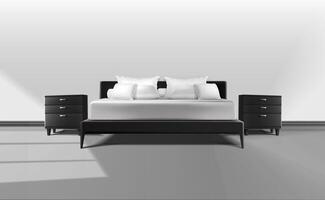 3d realistic illustraton. Interior design. King size bed frame with matress, linen and cushons with bedside tables. vector
