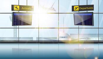 3d realistic illustration of airport with planes in the window and flights schedule screens of departure and landing. vector