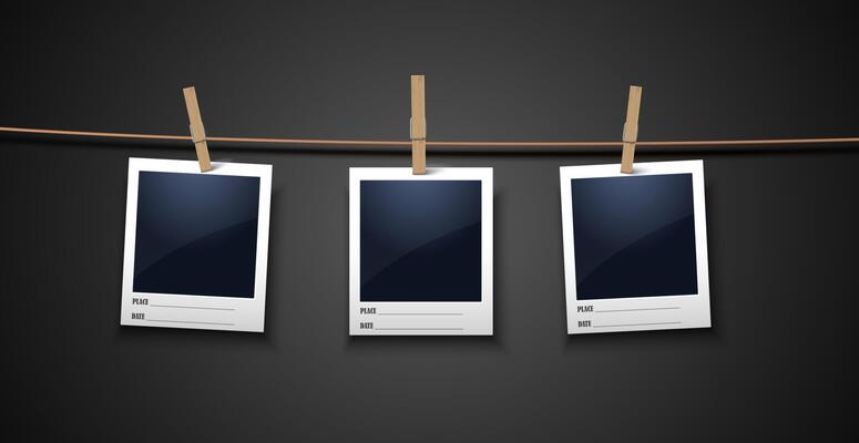 realistic vintage style blank photo frame set hanging on a wooden cloth pegs with place for your text or photo, icon design template. Isolated on background.