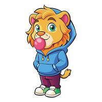 Adorable Lion in Hoodie Blowing Bubble Gum with Playful Grin vector