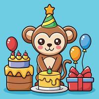 Adorable Cartoon Monkey Celebrating a Birthday Party Illustration vector
