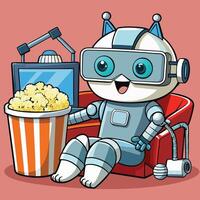 Adorable CatShaped Robot Enjoys Movie with Popcorn in Hand vector
