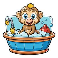 Adorable Bathing Monkey Cartoon Icon in Tub vector