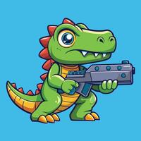 Cartoon Icon Featuring a Cute Dinosaur Character Playing a Game with a Gun vector
