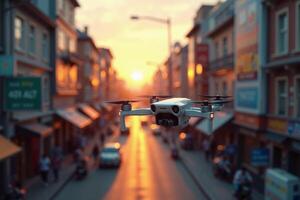photo of flying drone in china town building,