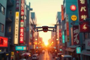 photo of flying drone in china town building,