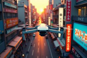photo of flying drone in china town building,