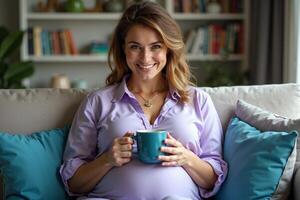 photo of pregnant woman sit on couch both hands holding cup of coffee,