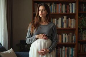 photo of pregnant woman standing with shelf of book on background,