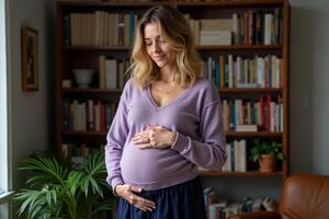 photo of pregnant woman standing with shelf of book on background,