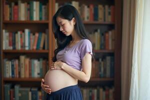 photo of pregnant woman standing with shelf of book on background,