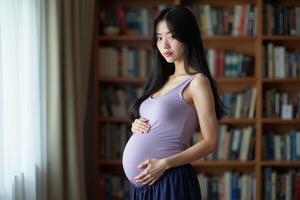 photo of pregnant woman standing with shelf of book on background,