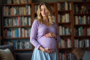 photo of pregnant woman standing with shelf of book on background,