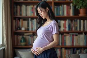 photo of pregnant woman standing with shelf of book on background,