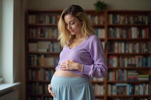 photo of pregnant woman standing with shelf of book on background,