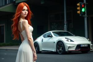 photo of young woman with white dress standing and sport car in background at night,