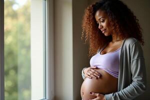 photo of pregnant woman happy calming at her living room with curtain in background,