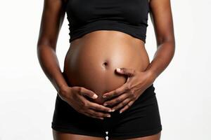 photo of close up shot pregnant woman on white background,