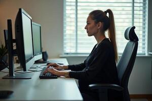 photo of pregnant woman working sitting at her desk in her office,