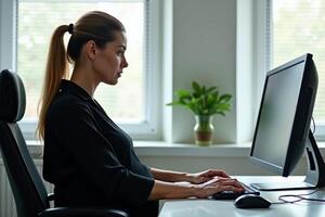 photo of pregnant woman working sitting at her desk in her office,