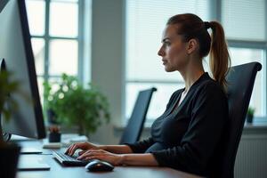 photo of pregnant woman working sitting at her desk in her office,