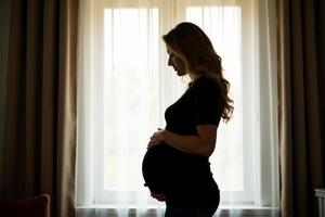 photo of silhouette pregnant woman with white curtain in background,
