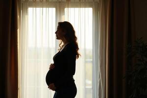 photo of silhouette pregnant woman with white curtain in background,