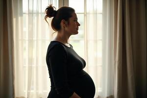 photo of silhouette pregnant woman with white curtain in background,