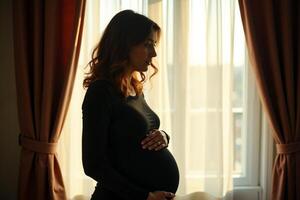 photo of silhouette pregnant woman with white curtain in background,