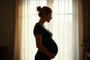 photo of silhouette pregnant woman with white curtain in background,