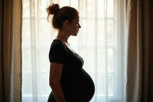 photo of silhouette pregnant woman with white curtain in background,