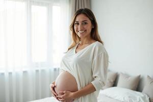 photo of pregnant woman with white curtain in background,