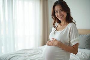 photo of pregnant woman with white curtain in background,